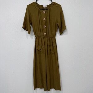 SWEETSALT Olive Green Linen Blend Button Front Midi Dress Elastic Pockets XS